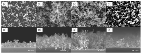 Evaporation power에 따른 Ag 기공 구조 변화. (a,e) 165 W, (b,f) 230 W, (c,g) 330 W, (d,h) 400 W