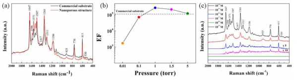 (a) Ag 나노 기공 구조와 상용 기판의 SERS 특성 비교, (b) 상용 기판과 압력에 따른 Ag 나노 기공 구조 각각의 EF값, (c) R6G 물질의 농도에 따른 Ag 나노 기공 구조의 SERS 민감도 변화