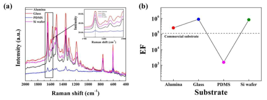 기판 다변화에 따른 Ag 나노 기공 구조의 (a) SERS 효과, (b) EF 값 비교