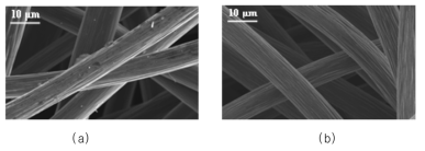 탄소 펠트 전극 섬유의 SEM 이미지: (a) 표면처리 전; (b) 표면처리 후 (85℃, 24시간)