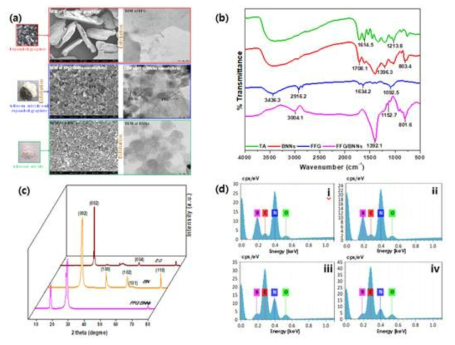 (a) SEM and TEM images, (b) FTIR analysis, (c) XRD pattern of EG, BN, and FFG/BNN nanohybrids and (d)EDS analysis of (i) 0.25FFG/BNN, (ii) 0.50FFG/BNN, (iii) 0.75FFG/BNN, and (iv) 1.0FFG/BNN nanohybrids