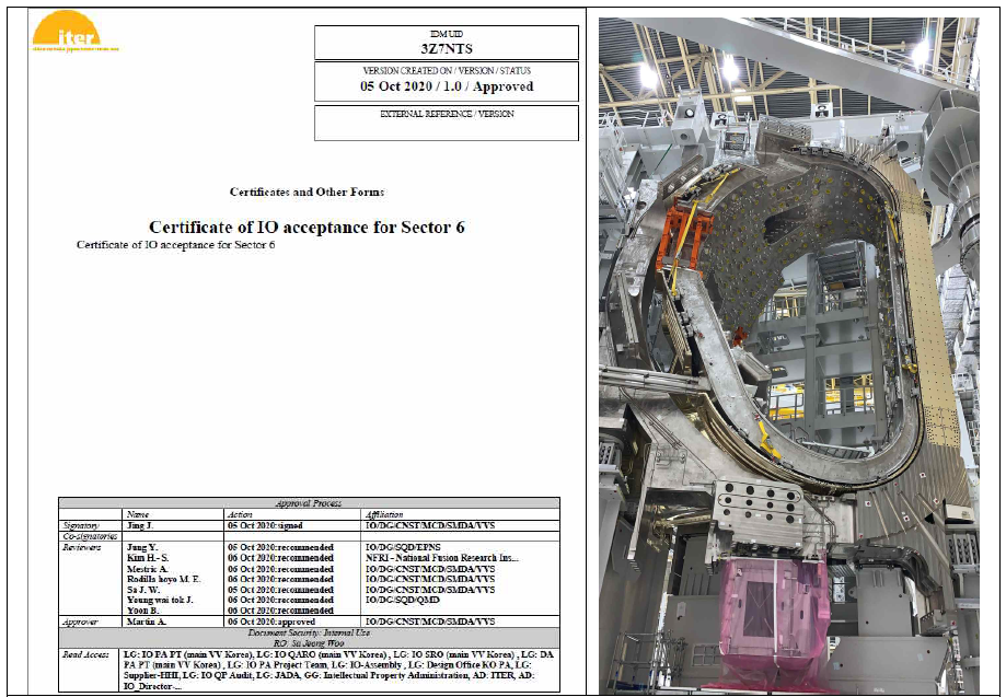 진공용기 섹터 #6 IO 인수증명서(Certificate of Acceptance) 및 현장 조립 장면
