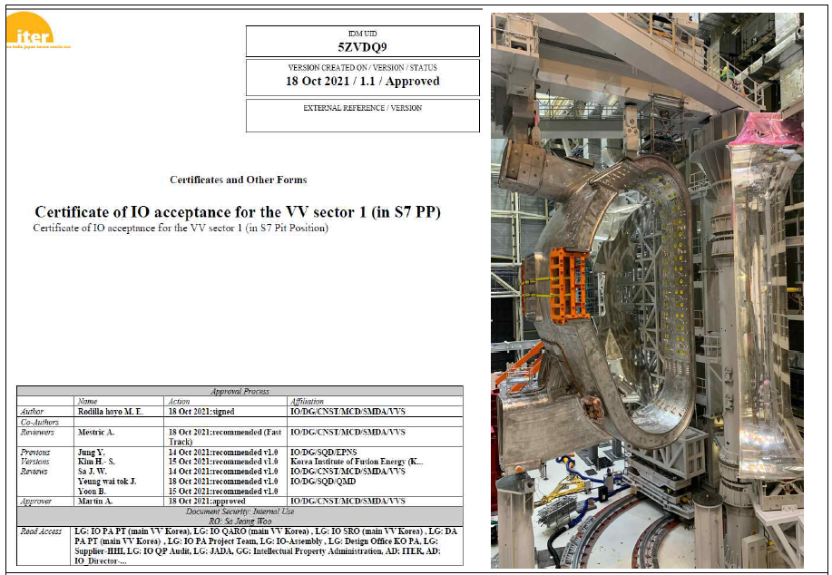 진공용기 섹터 #1 IO 인수증명서(Certificate of Acceptance) 및 현장 조립 장면