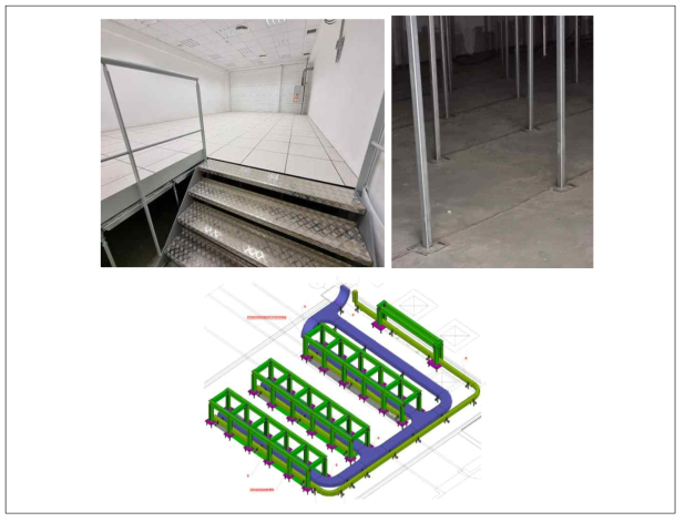 마스터 제어룸 바닥(좌), 바닥지지 구조물(중), 제어판넬 설치 구조물 및 케이블 트레이 설계(우)