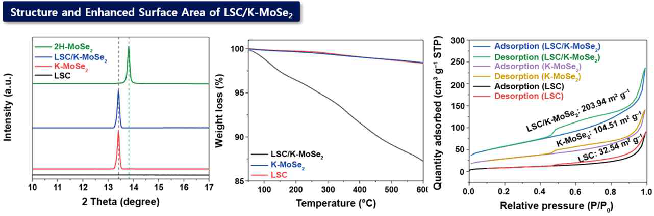 LSC/K-MoSe2 촉매의 구조, 비표면적 분석