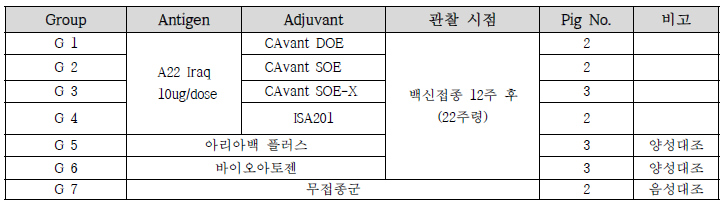 백신보조제 타입 및 상용화 백신과의 안전성 비교평가 시험그룹