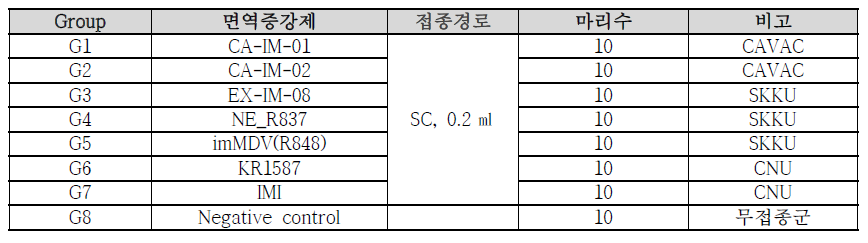 면역증강제 스크리닝 1차 시험그룹