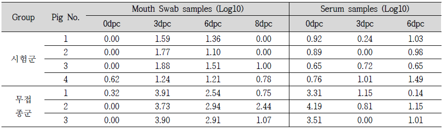 FMDV A type 바이러스 배출량 및 Viremia 확인 결과