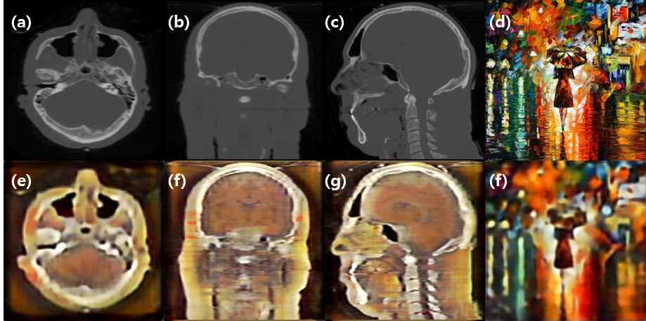 (a)-(c) Input 3차원 볼륨의 3 슬라이드, (d) 2차원 스타일, (e)-(g) 스타일을 적용시킨 결과 볼륨 3 슬라이드, (f) Autoencoder을 통해 복원된 2차원 스타일