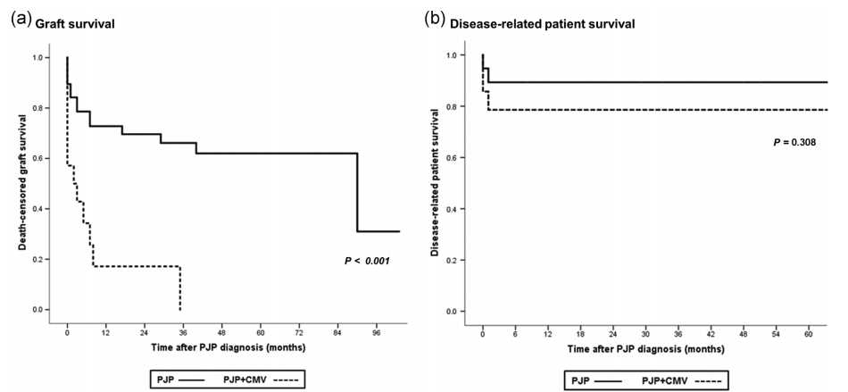 PJP환자에서 CMV교차감염 여부에 따른 이식신 생존율 및 환자 생존률