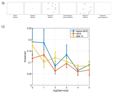 (가) 평균 크기 변별 과제 도식. (나) 실험 1의 tDCS 실험 결과