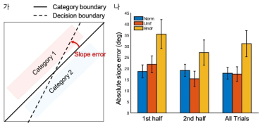 (가) 범주 경계의 기울기 판단 오류 정의. (나) 조건별 학습 초반/후반/전체 시행의 기울기 오류