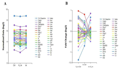 Gene graph of 39 Differentially expressed genes (DEGs) of female Drosophila melanogaster. Here, Ctrl, N Int and Int indicates control, Non-intelligent and Intelligent flies, respectively. (A) Genes were compared on the basis of the normalized data of the Ctrl, Int and N Int group. (B) Genes were compared on the basis of the fold change data of the Ctrl, Int and N Int group