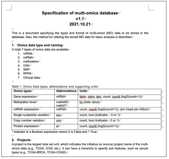 수집된 다중오믹스의 자동화 전처리 및 통합 분석을 위해 이들의 데이터 형태 및 파일명 등에 대한 표준화를 1, 2, 3세부에서 함께 정의함