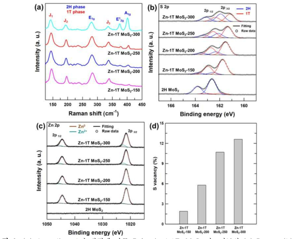 (a) Annealing 조건 변경에 따른 Zn/strained 1T-MoS2 나노시트의 (a) Raman, (b) S 2p XPS, (c) Zn 2p XPS 분석 결과들과 (d) S vacancy 값. Annealing 조건은 150, 200, 250, 300°C로 설정함