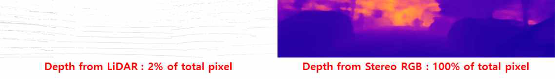 3차원 거리 정보량 비교 (LiDAR vs. Stereo RGB)