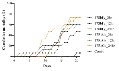 The Cumulative mortality of rock bream exposed 3, 12, and 24 hours with a specific concentration (105 viral genome copies/L) of 17SbTy and 17RbGs