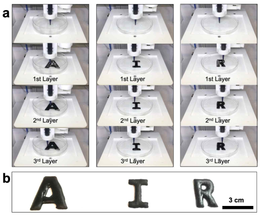 바이오프린터를 통한 복합재료 적층의 과정 (a) 산화중합에 의한 적층에 의해 3차원 구조체가 성공적으로 형성되었다. (b) 최종적으로 프린팅 된 객체의 예시들