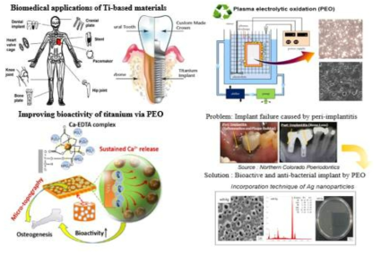 The biomedical applications of titanium, schematic illustration of PEO, and PEO treatment to improve the surface properties of titanium-based materials