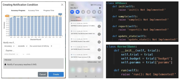 (왼쪽) 알림 조건을 설정하는 인터페이스, (가운데) 실제 알림이 도착한 예시, (오른쪽) 실제 모델 학습 시나리오에 적용하기 위해 사용자가 작성해야 하는 인터페이스