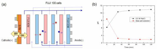 (a) BPM을 shielding membrane으로 사용한 RED 스택 모식도. (b) 시간에 따른 catholyte의 pH 변화