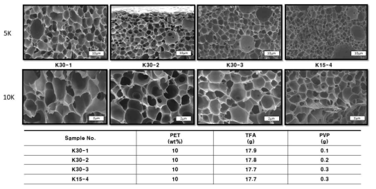 Polyvinylpyrrilidone의 종류와 함량에 따른 PET 지지체의 단면 이미지
