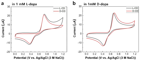 카이랄 탄소양자점의 1 mM의 L형 도파민(L-dopa)과 D형 도파민(D-dopa)이 용해된 0.25 M 황산 용액에서의 전기화학 CV 결과 (50 mV/s scan rate)