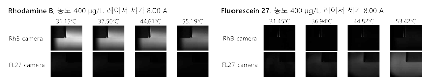 보정 이미지: (좌) Rhodamine B 수용액, (우) Fluorescein 27 수용액