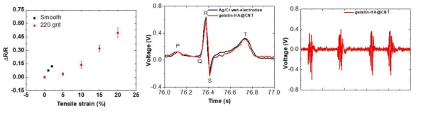 젤라틴-히알루론산-탄소 나노튜브 전도성 바이오 복합 잉크에 기반한 초박형 전기 생리학적 신호 센서 결과