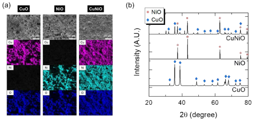 CuO, NiO, CuNiO 촉매의 SEM-EDS 및 XRD patterns 분석 결과