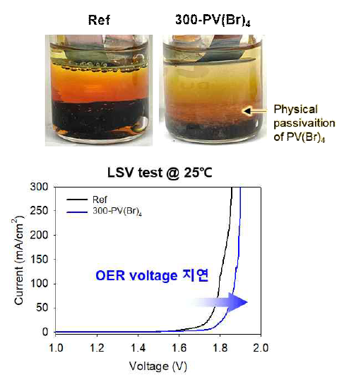 PV(Br)4 graphite felt 코팅에 따른 OER 억제 효과 관찰 (beaker cell) 및 300mg의 PV(Br)4가 코팅된 graphite felt/Zn LSV cell 평가 결과