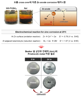 PV(Br)4 graphite felt 코팅에 따른 Zn anode corrosion 억제 효과 및 beaker cell 충전 상태 상단부 전해액 (10ml 중 4ml)에 24시간 Zn 금속 저장 실험 결과