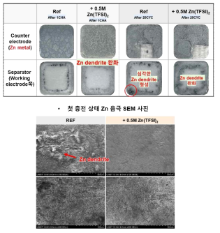 Zn(TFSI)2 첨가제 도입에 따른 첫 충전과 20 사이클 후 모폴로지 사진 및 SEM 분석 결과