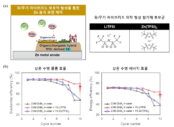 (a) 유/무기 하이브리드 보호막 형성 가능 첨가제 후보군 (b) 유/무기 하이브리드 피막 형성 첨가제 beaker cell 수명 평가 결과