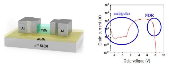 (좌) 다진법 트랜지스터 소자의 수직 구조와 (우) 트랜지스터의 게이트 전압의 변화에 따른 드레인 전류의 특성으로 ambipolar와 부성저항(NDR) 특성을 보여줌