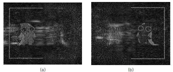 에뚜리 로고의 2x1 매크로 픽셀 기반 Double-Phase 복소변조의 수치적 복원 영상: (a) 초점거리 70cm (b) 초점거리 80cm