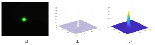 double-phase 인코딩으로 생성된 점광원 홀로그램의 점확산함수에 대한 복소파면의 진폭 특성 측정: (a) 세기 측정 결과 (b) 이상적인 PSF 복원함수 (c) double-phase 복소변조의 PSF 측정 결과