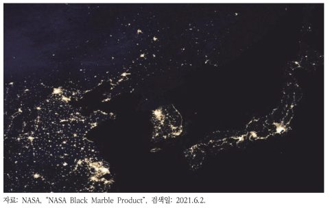 NASA VIIRS의 DNB 밴드로부터 얻은 한반도의 야간 이미지