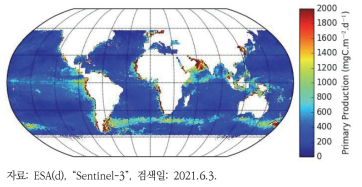 Sentinel-3 위성에서 얻은 2019년 2월 전 세계 플랑크톤 기초생산량 자료