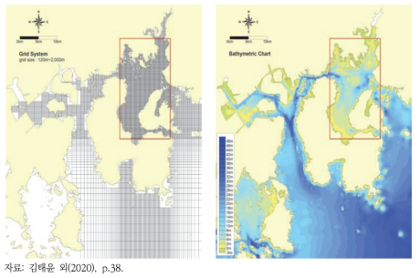 수치모형 격자 및 수심도