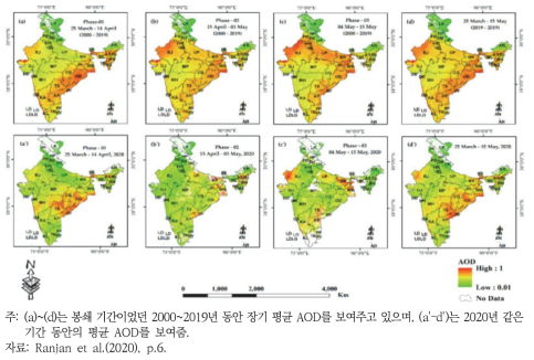 인도의 단계별 AOD 수준지도