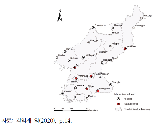 관측자료 기반 최대 일 강우량의 경향성 분석 결과