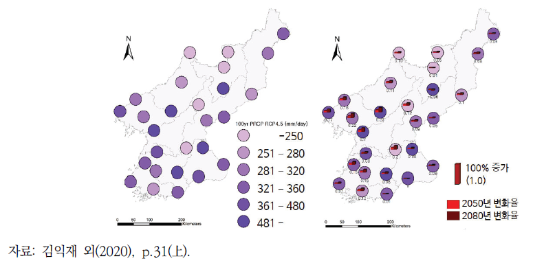 HadGEM2-CC 모형 RCP 4.5 시나리오 기반 100년 빈도 확률강우량 변화율