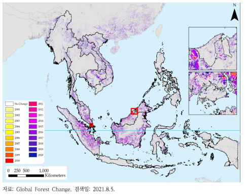아세안 산림 피복도 손실의 지리적 분포(2001~2019년)