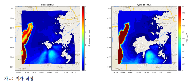 내포신도시 LNG 발전소 배출량 모델링 결과 (그림6-4 – 그림5-5), (좌: NOx, 우: PM2.5)