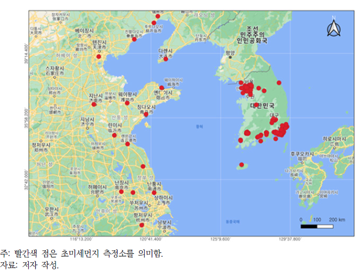 남한 및 중국 대기측정소 위치