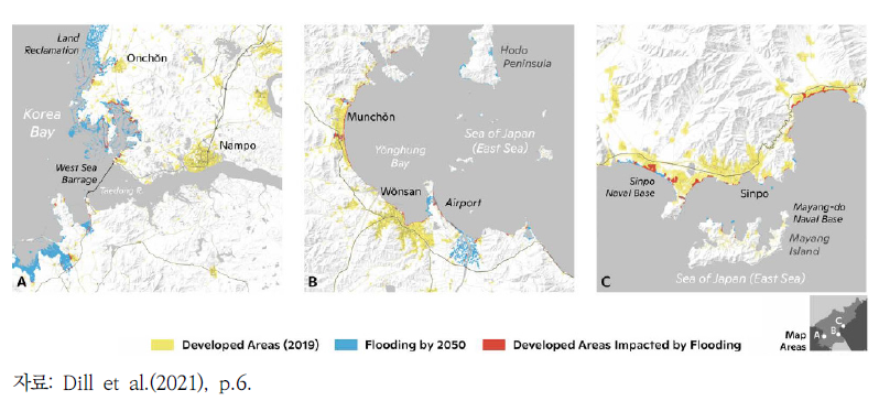 2050년 북한 주요 해안지역의 해수면 상승 전망