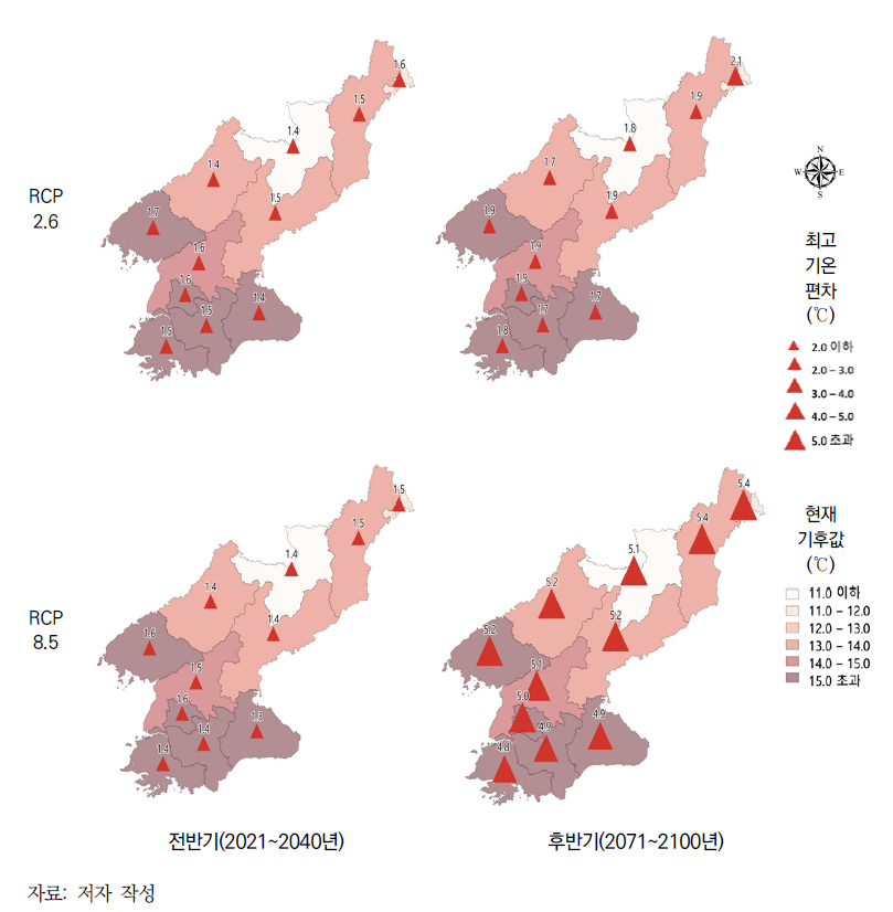북한의 시도별 연평균 최고기온의 현재 기후 대비 21세기 변화 전망