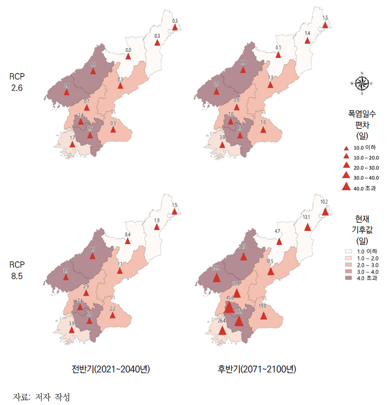 북한의 시도별 폭염일수의 현재 기후 대비 21세기 변화 전망
