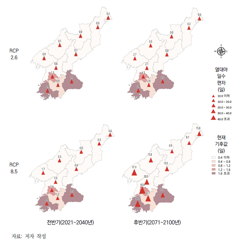 북한의 시도별 열대야 일수의 현재 기후 대비 21세기 변화 전망